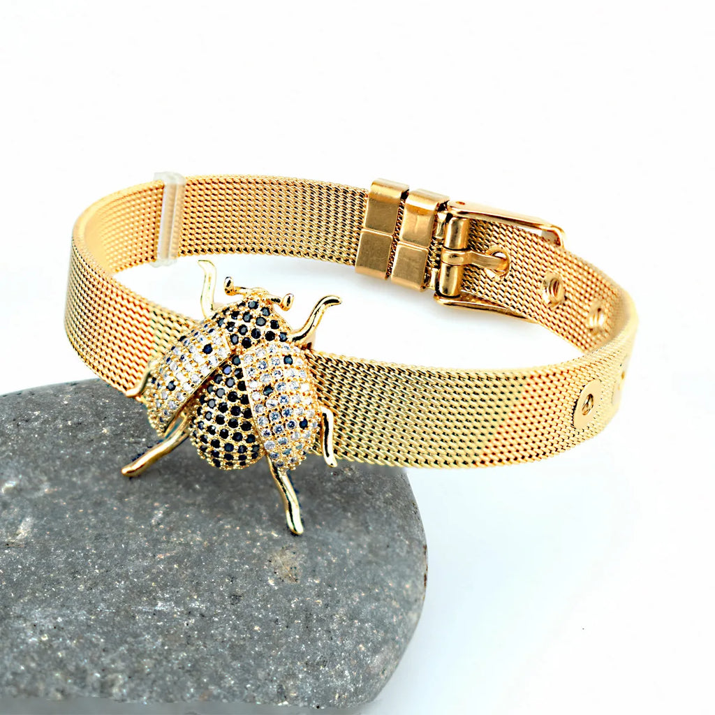 Simple fashion love palm evil eye stainless steel strap bracelet inlaid with colored diamonds zircon men and women jewelry gifts Qme 4 Rose gold
