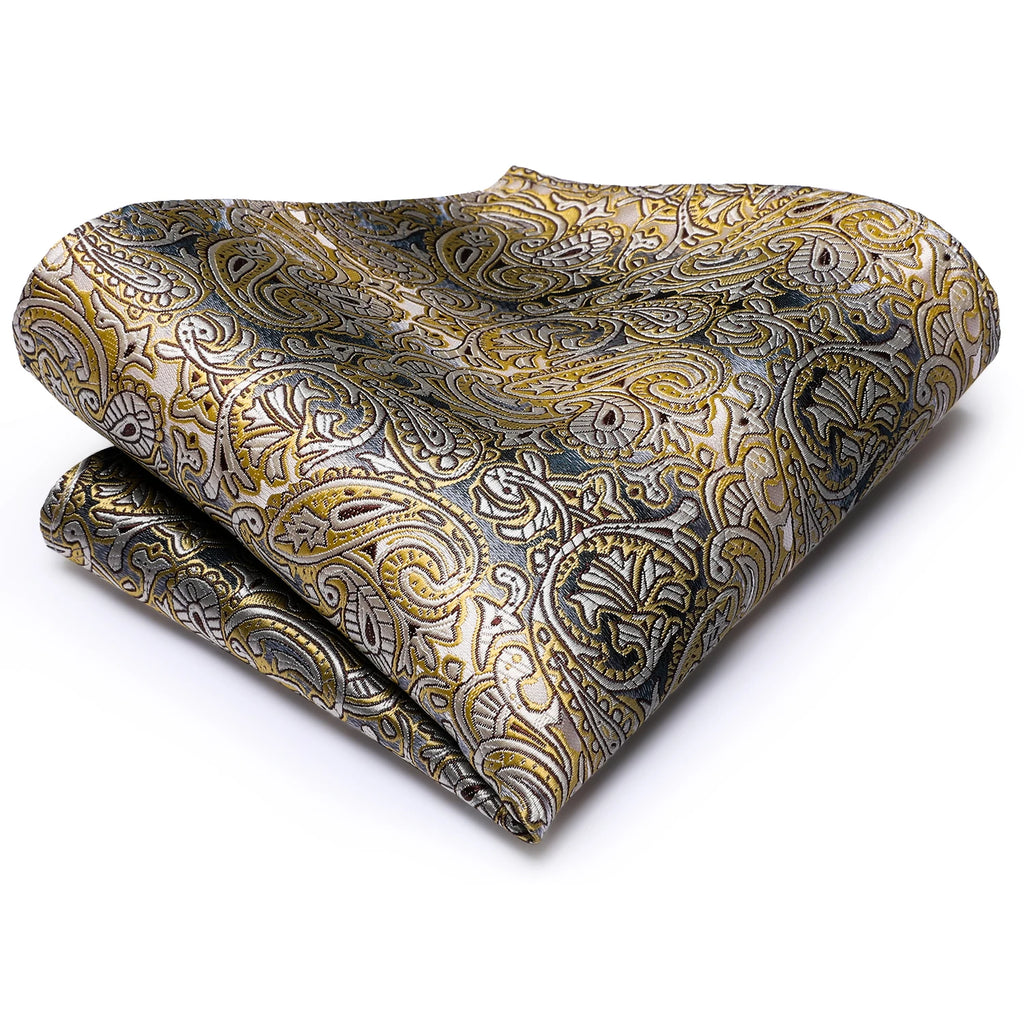 Yellow Brown Paisley Tie Men Men's Clip Luxury Necktie Hanky Qme
