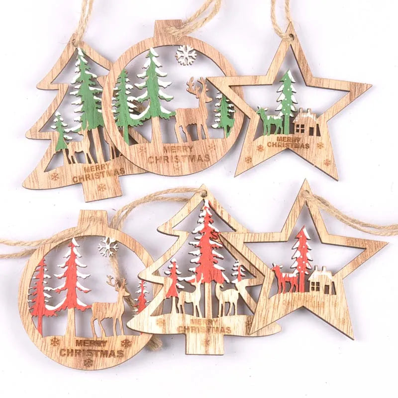 3Pcs Tree/star Pattern Christmas Red Green Wooden Ornaments Decor For Home Xmas Tree Hanging Pendants Wood Slices Crafts c2353 Qme