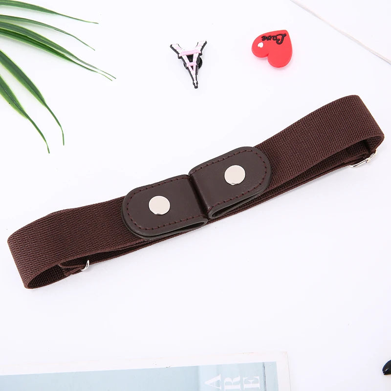 Womans Belt Buckle-free Waist Jeans Pants No Buckle Stretch Elastic Qme Brown length 60-95cm