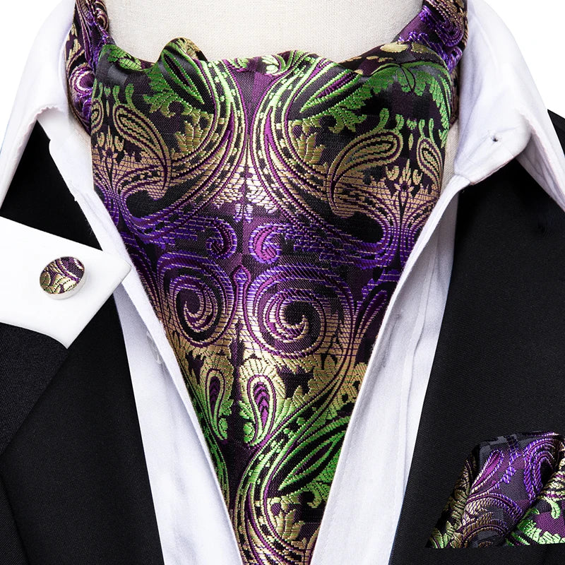 Hi-tie Silk Men's Ascot Pocket Square Cufflinks Jacquard Floral