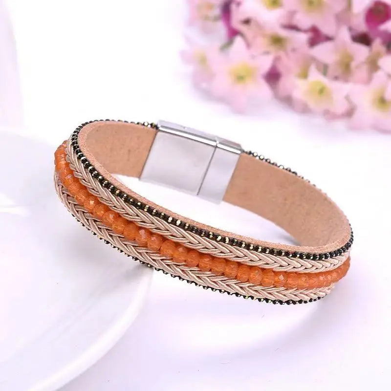 Ladies Natural Stone Leather Bracelet Fashion Bohemian Braided Rope Wide Multilayer Winding Bracelet Men's and Women's Jewelry Qme 9 20cm