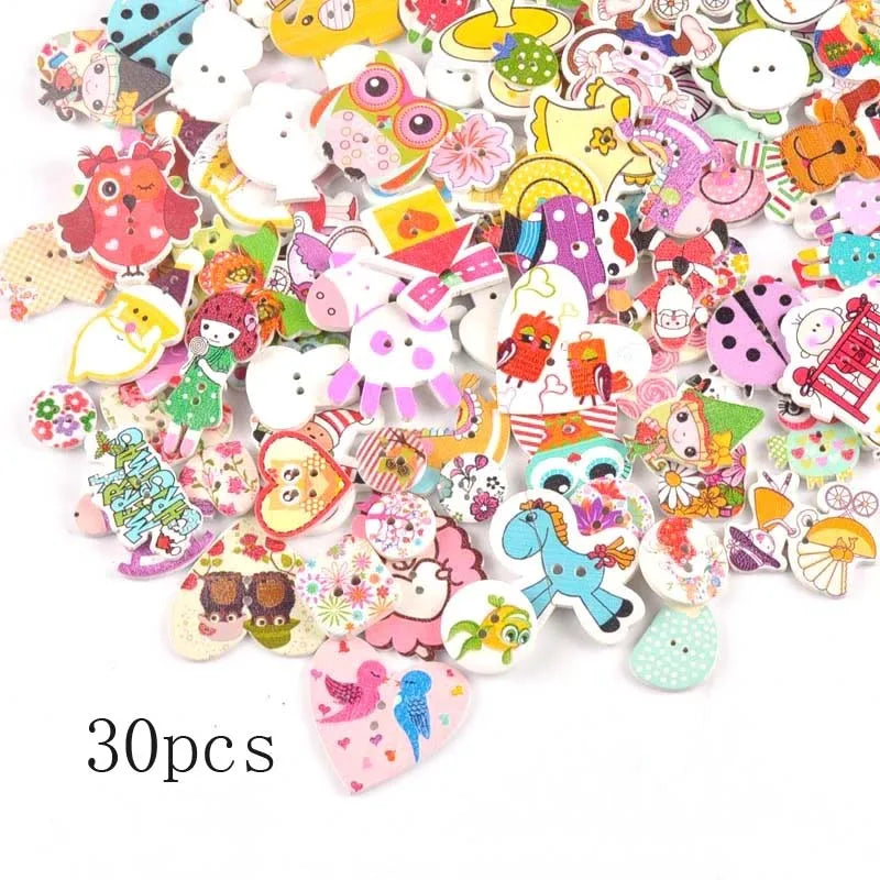36 styles Cartoon Painting Wooden Buttons for Crafts Scrapbooking Sewing Clothes Button DIY Kid Apparel Supplies 15-35mm Qme M1892 30pcs