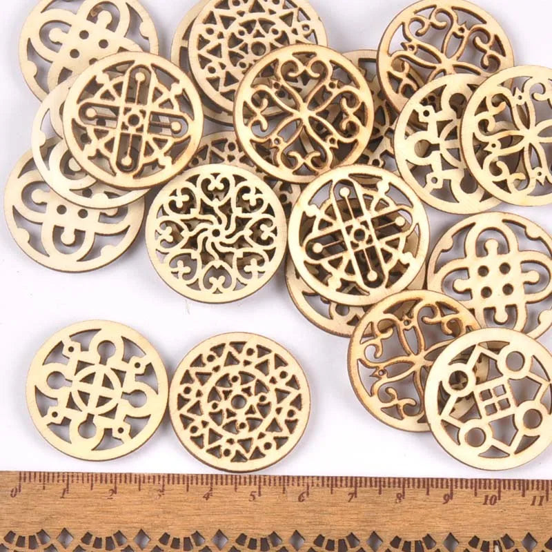 20Pcs 29mm Natural Wood Crafts DIY Scrapbooking Handmade Accessory Flower Lace Pattern Wooden Ornaments Home Decor Arts m2208 Qme