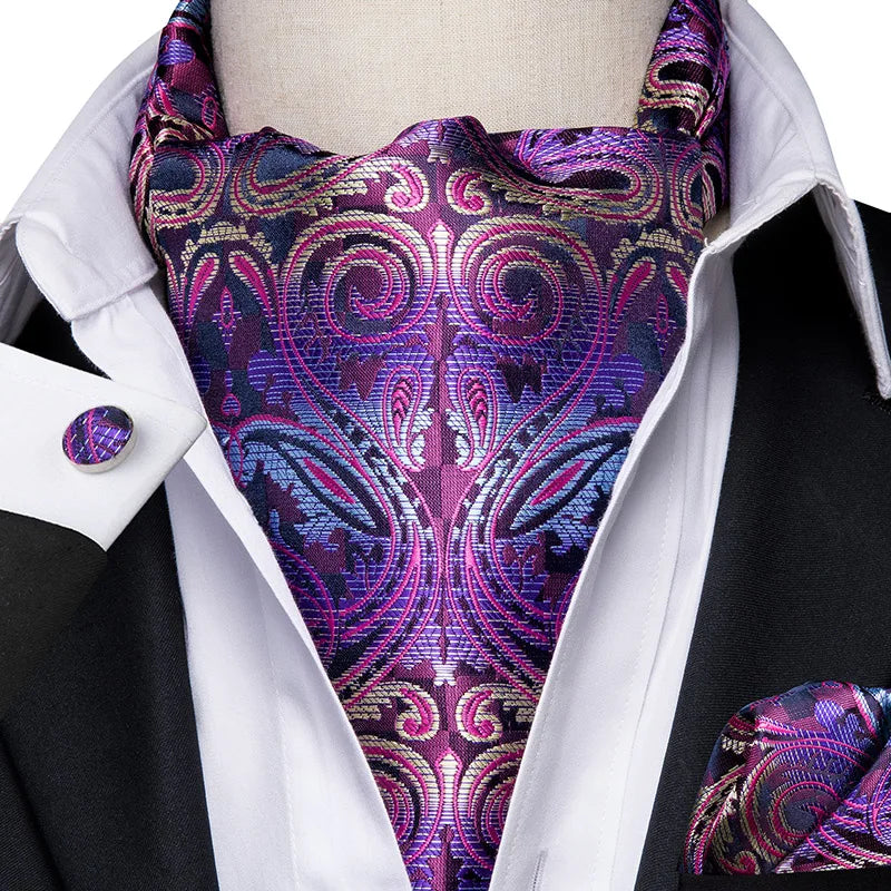 Hi-tie Silk Men's Ascot Pocket Square Cufflinks Jacquard Floral Qme AS-1005