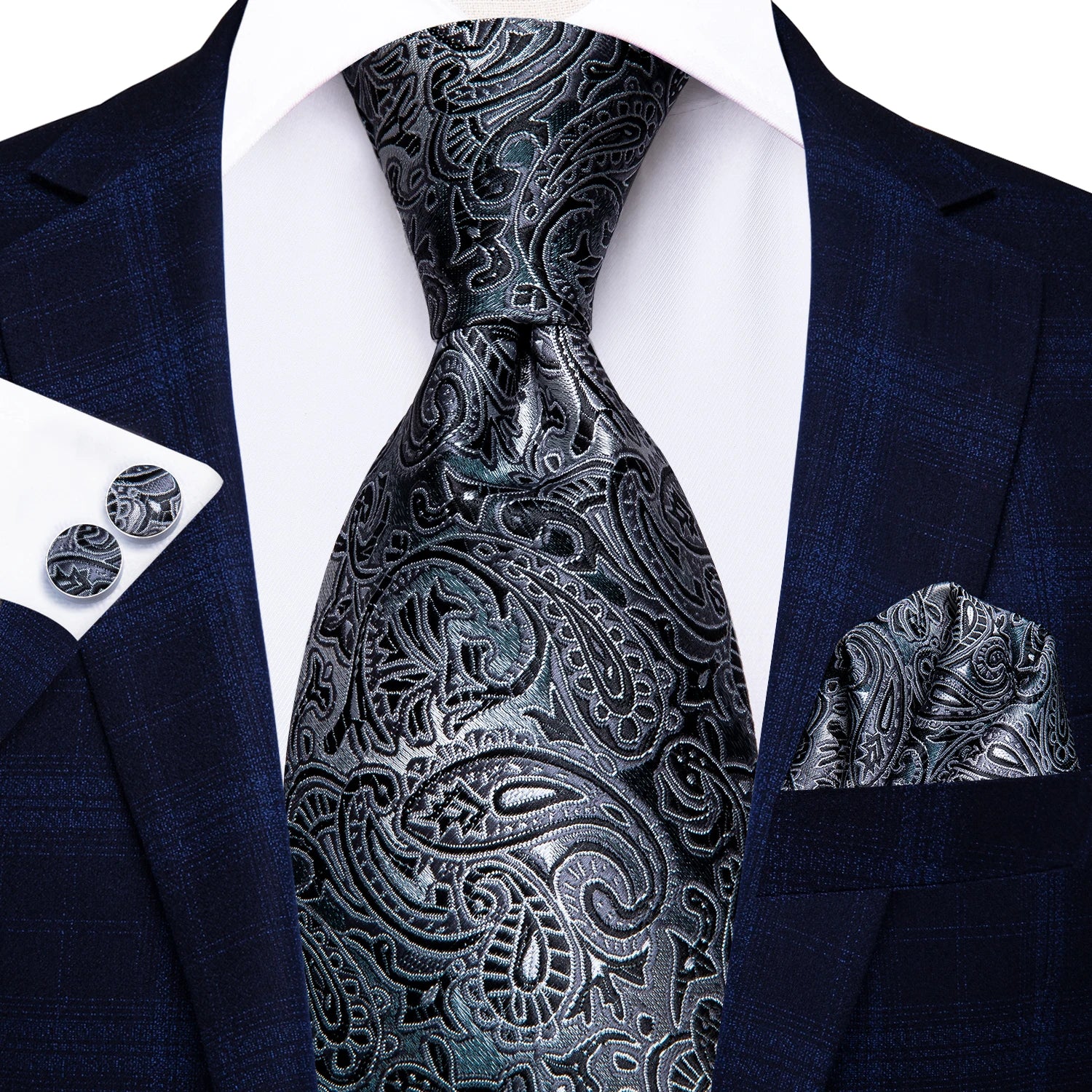 Hi-Tie Elegent Men's Tie Set Gold Paisley 8.5cm Wedding Ties For Men New Fashion silk Design Hanky Cufflinks Set Quality Necktie Qme 0209