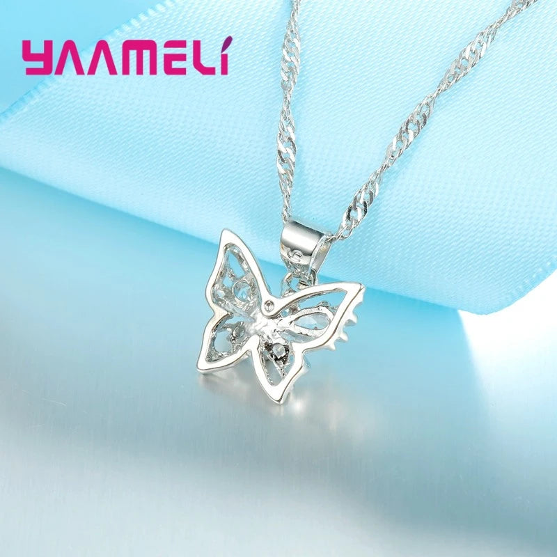 New Fashion 925 Sterling Silver Color Jewelry Sets Shining Austrian Crystal Inlaid Butterfly Wedding Pendant Necklace Earrings Qme