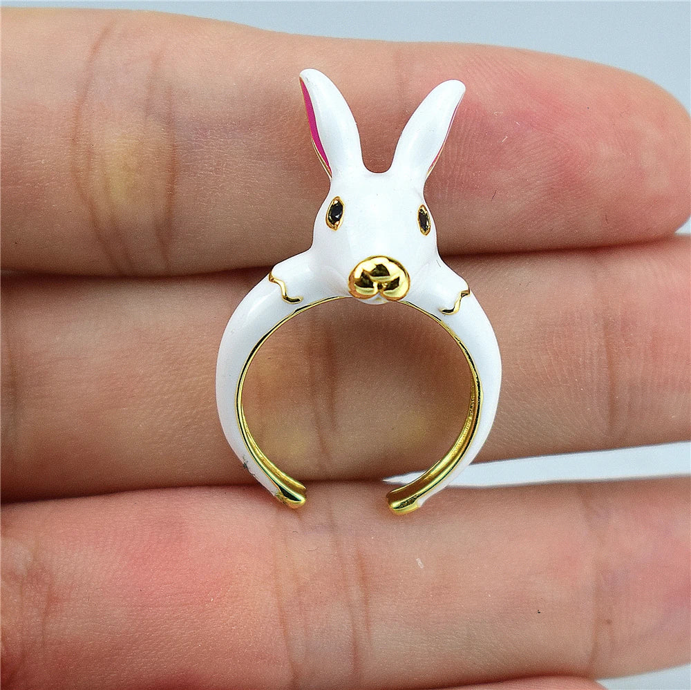 New Japan and South Korea cute girl heart rabbit ring enamel drip opening adjustable jewelry Qme