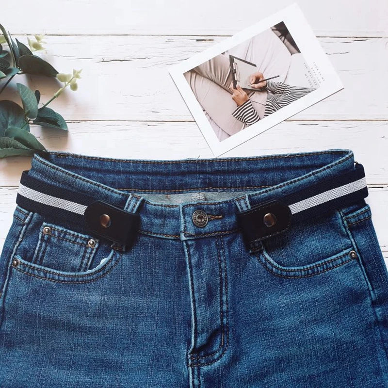 Womans Belt Buckle-free Waist Jeans Pants No Buckle Stretch Elastic Qme