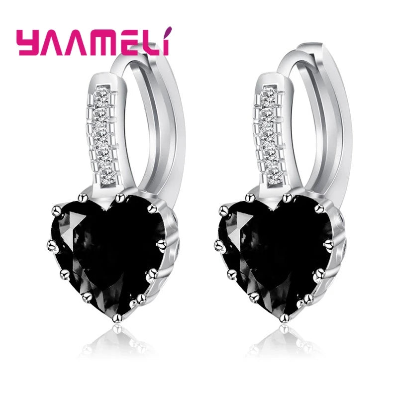 Big Sale 925 Sterling Silver Color Loop Hoop Earrings Candy Color Cubic Zircon Charms Women Jewelry Wedding Accessory Brincos Qme Black heart