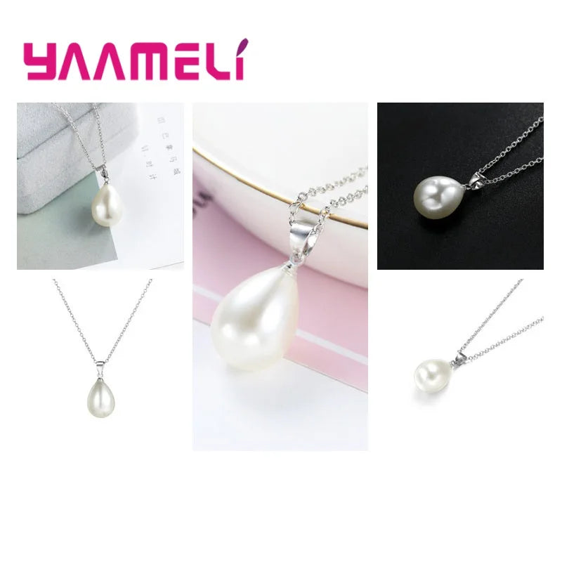 925 Sterling Silver Color Pearl Pendant Necklace Loop Hoop Earrings White Teardrop Women Girls Wedding Party Nice Gifts Qme