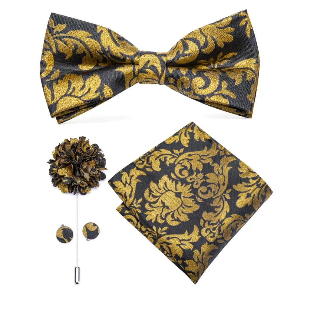 Hi-tie Silk Men's Bowtie Pocket Square Cufflinks Brooch Jacquard