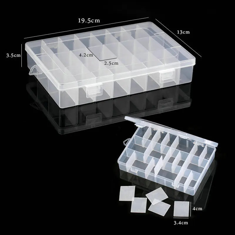 19.5x13x3.5CM Rectangle Adjustable Jewelry Container Box Case Compartment Plastic Storage Box for Beads Earrings 24 Slots 1PCS Qme Transparent