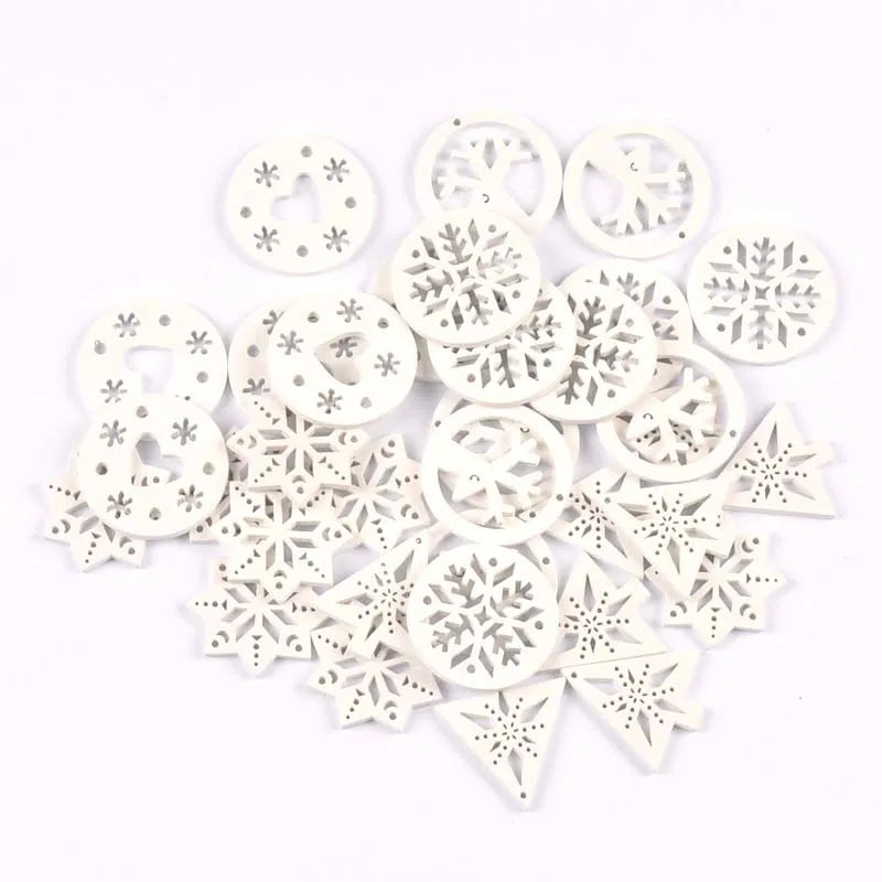 25pcs Wood Crafts white christmas trees/snowflake/deer DIY Scrapbooking For Wooden Ornament Home Decoration M2267 Qme