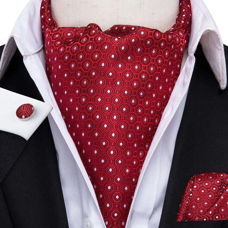 Hi-tie Silk Men's Ascot Pocket Square Cufflinks Jacquard Floral