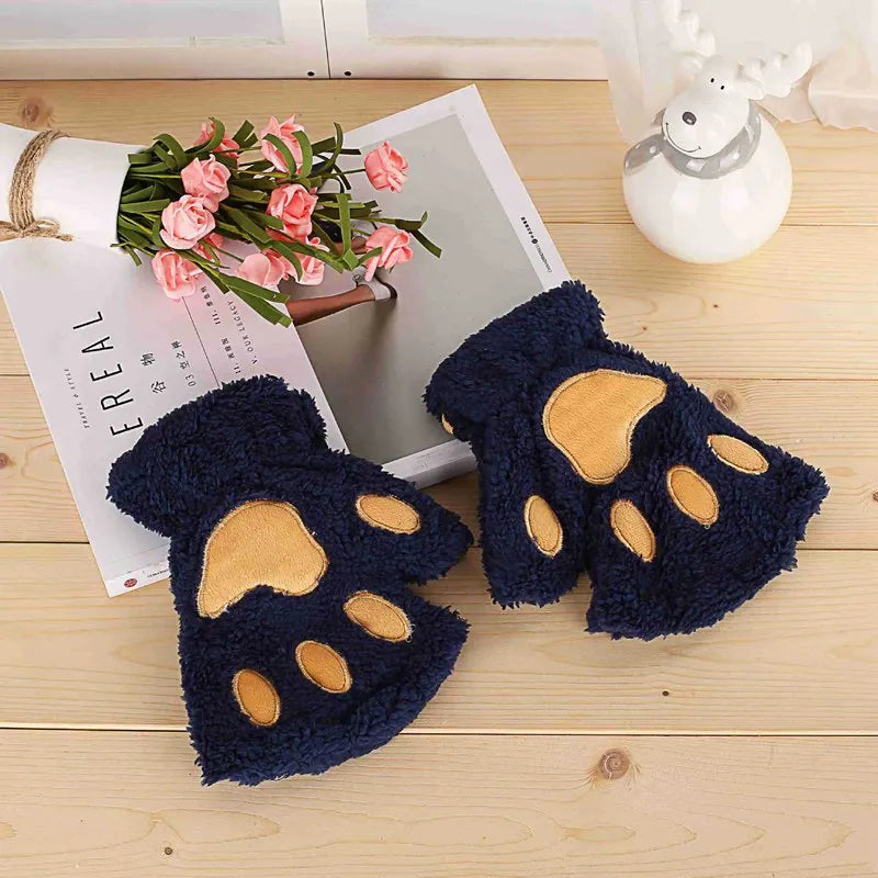 New Winter Gloves Women Bear Plush Cat Paw Claw Gloves Cute Kitten Fingerless Mittens Christmas Halloween for Girls Gift Gloves Qme Navy Blue One Size