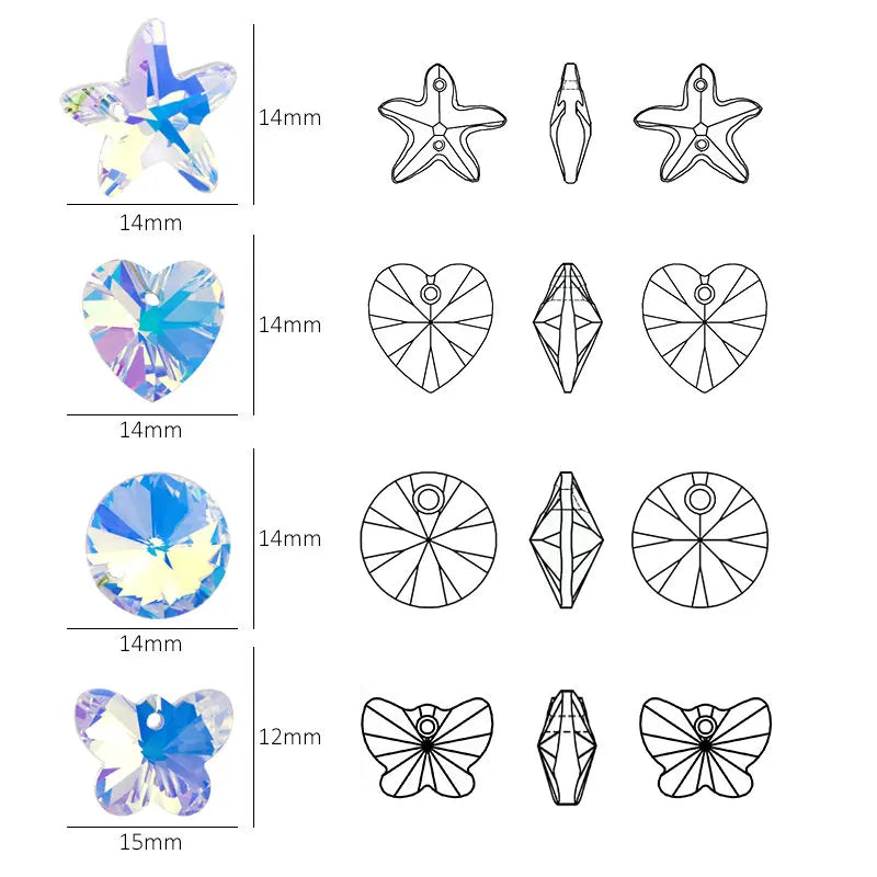 14mm Mixed Color Heart Shape Pendant Glass Beads Gems Starfish butterfly charms for Women Jewelry Making Earring Necklace DIY Qme