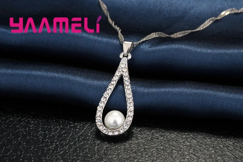 Pure 925 Sterling Silver Color CZ Crystal Water Drop Pearl Necklaces Pendant Chain Earrings Woman Fine Wedding Jewelry Set Gift Qme
