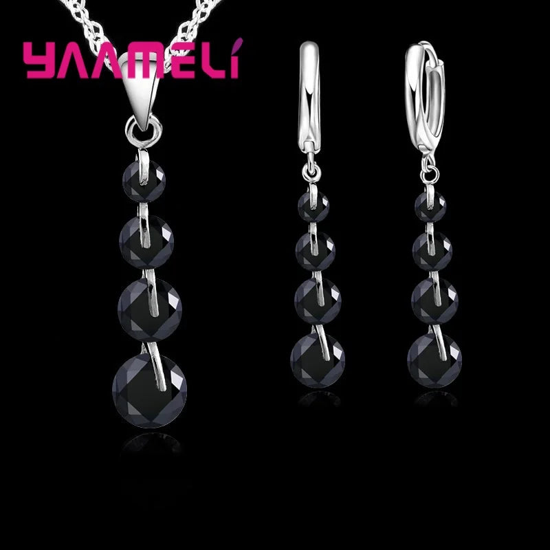 Fashion Bridal Jewelry Set For Women Lady Tassel Cubic Zircon 925 Sterling Silver Color Pendant Necklace Earrings Wedding Gift Qme Black
