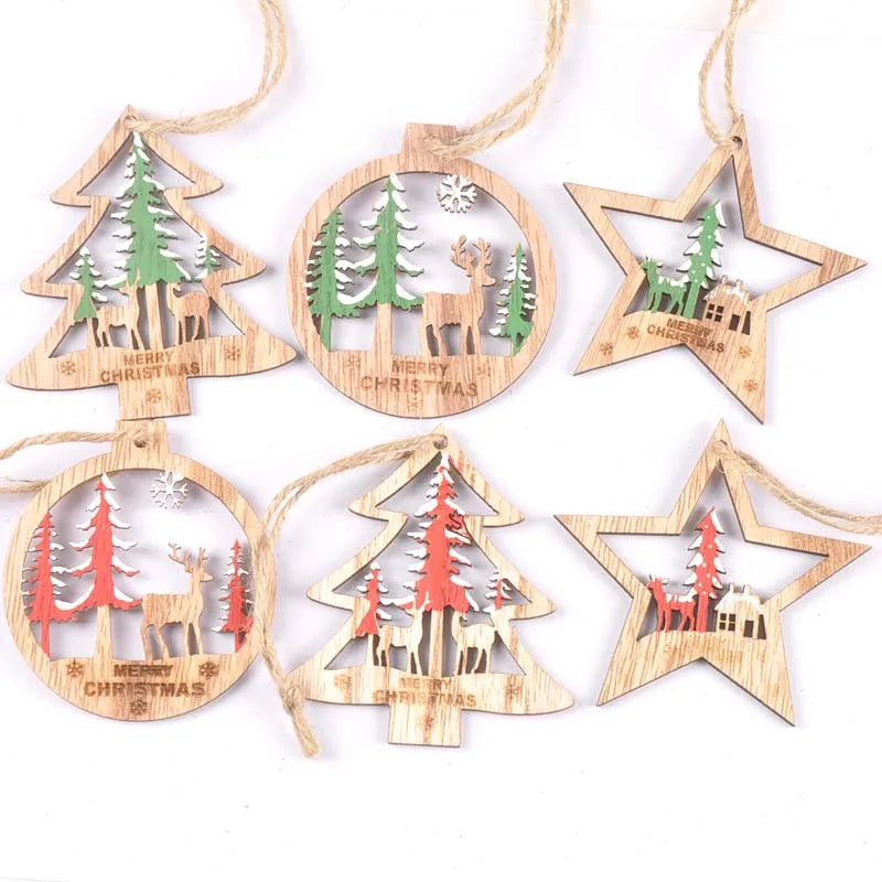 3Pcs Tree/star Pattern Christmas Red Green Wooden Ornaments Decor For Home Xmas Tree Hanging Pendants Wood Slices Crafts c2353 Qme