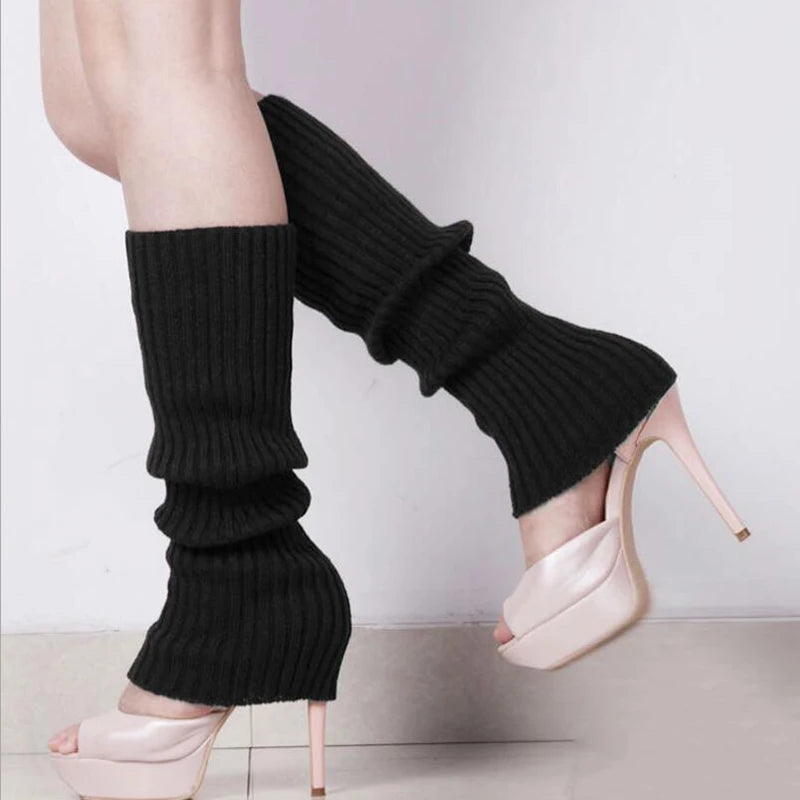 Women Knit Winter Leg Warmers Loose Style Lady Boot Knee Stockings Leggings Warm Boots Leg Punk Solid Black Cool Knit Long Socks Qme black Length -40cm