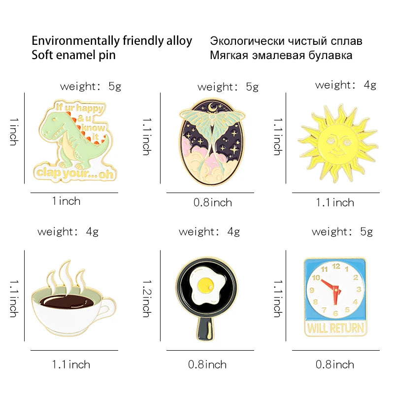 Cartoon Clock Coffee Sun Dinosaur Brooch Metal Alloy Fashion Jewelry Lapel Enamel Pins Badge Accessories Wholesale Drop Shipping Qme