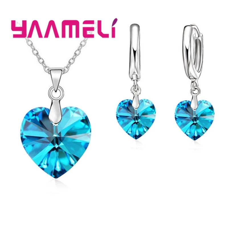 Love Heart Shape Women 925 Sterling Silver Color Bridal Jewelry Set For Wedding Fashion Crystal Pendants Necklaces Earring Set Qme Skye blue