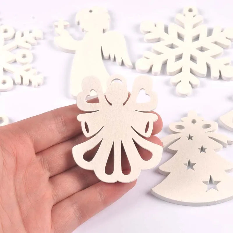 5pcs+1m hemp rope Christmas Tree Ornament Wooden Hanging Pendants White angels/tree/snowflakes Christmas Decorations for Home Qme