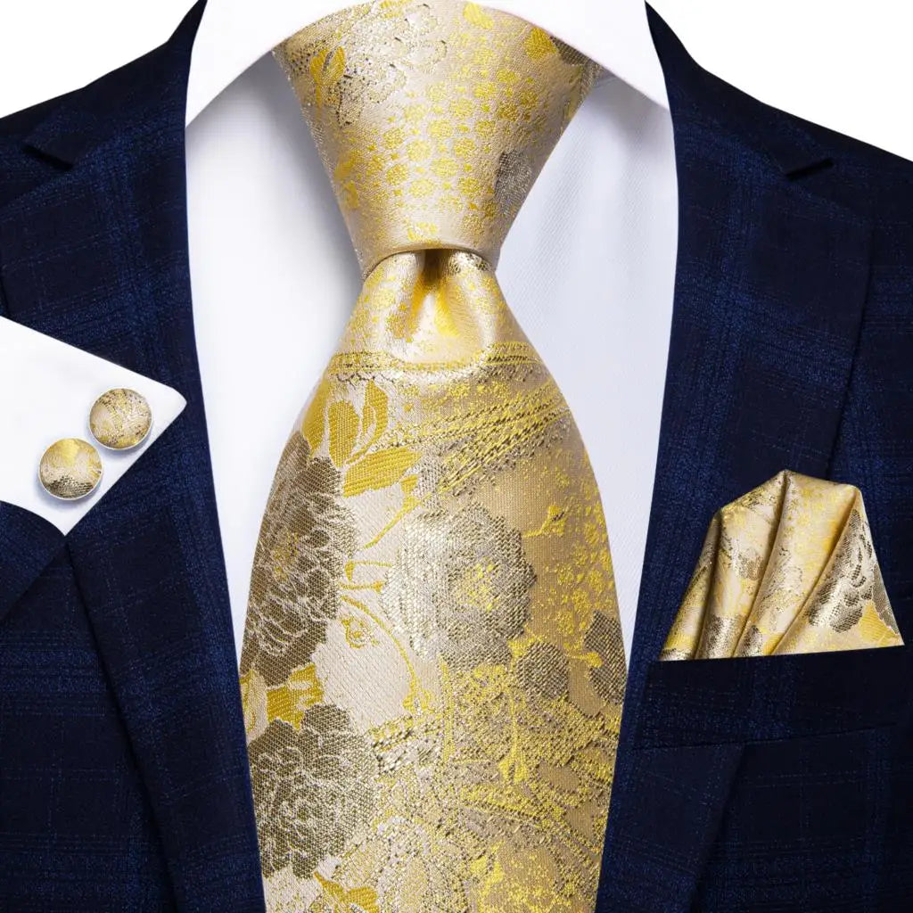 Designer Gold Solid Wedding Tie Men Handky Cufflink Striped Plaid Qme C-3295