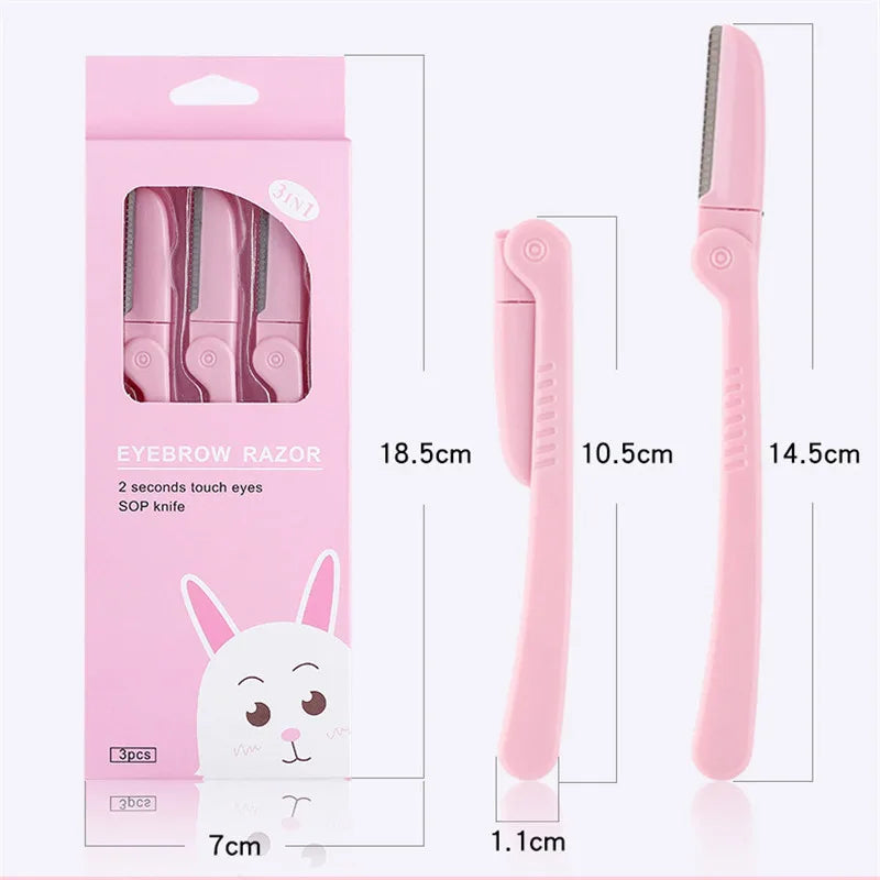 3Pcs/Set Pink Folding Eyebrow Trimmer Armpit Hair Razor Beauty Face Eye Brow Shaper Shaver Stainless Steel Blades Makeup Tools Qme