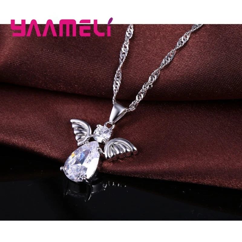 Sale Specials Cute Angel Shape Jewelry Sets Crystal 925 Sterling Silver Color Pendant Necklace And Earring Set Lady Birthday Qme