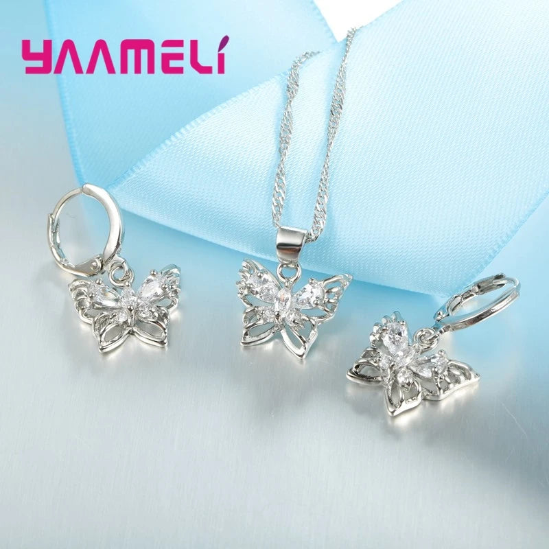 New Fashion 925 Sterling Silver Color Jewelry Sets Shining Austrian Crystal Inlaid Butterfly Wedding Pendant Necklace Earrings Qme