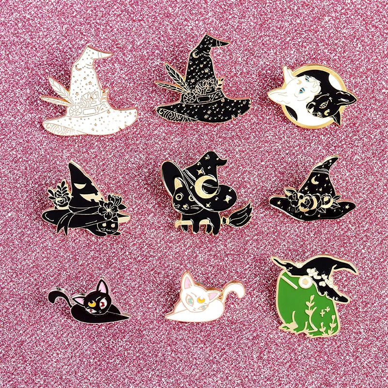 Witch Enamel Pins Collection Witch Hat and Cat Frog Pins Up Crescent Moon Black Gothic Lapel Pin Wiccan Brooches Witches Jewelry Qme