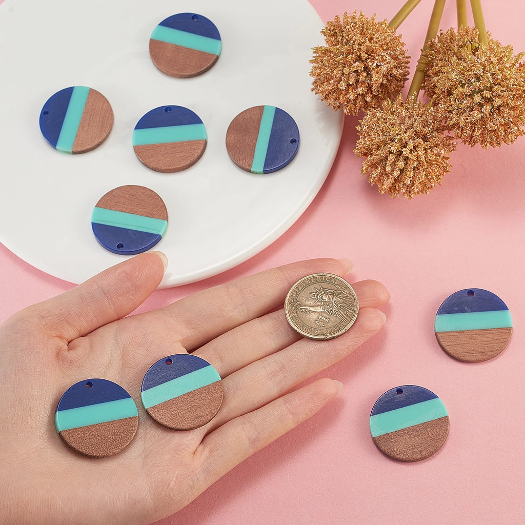 10Pcs Tri-color Resin Wood Charms Flat Round Wooden Pendants for Making DIY Women Girl Statement Jewelry Necklace Earrings Qme