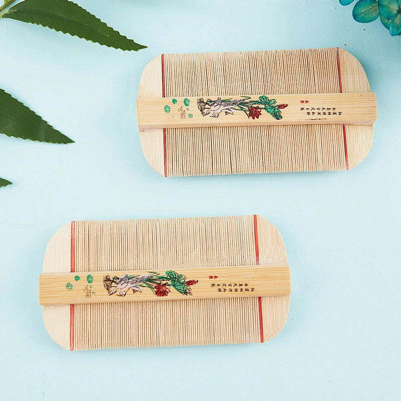 Chinese Traditional Bamboo Double Sided Lice Comb Handmade Dense Rose Qme