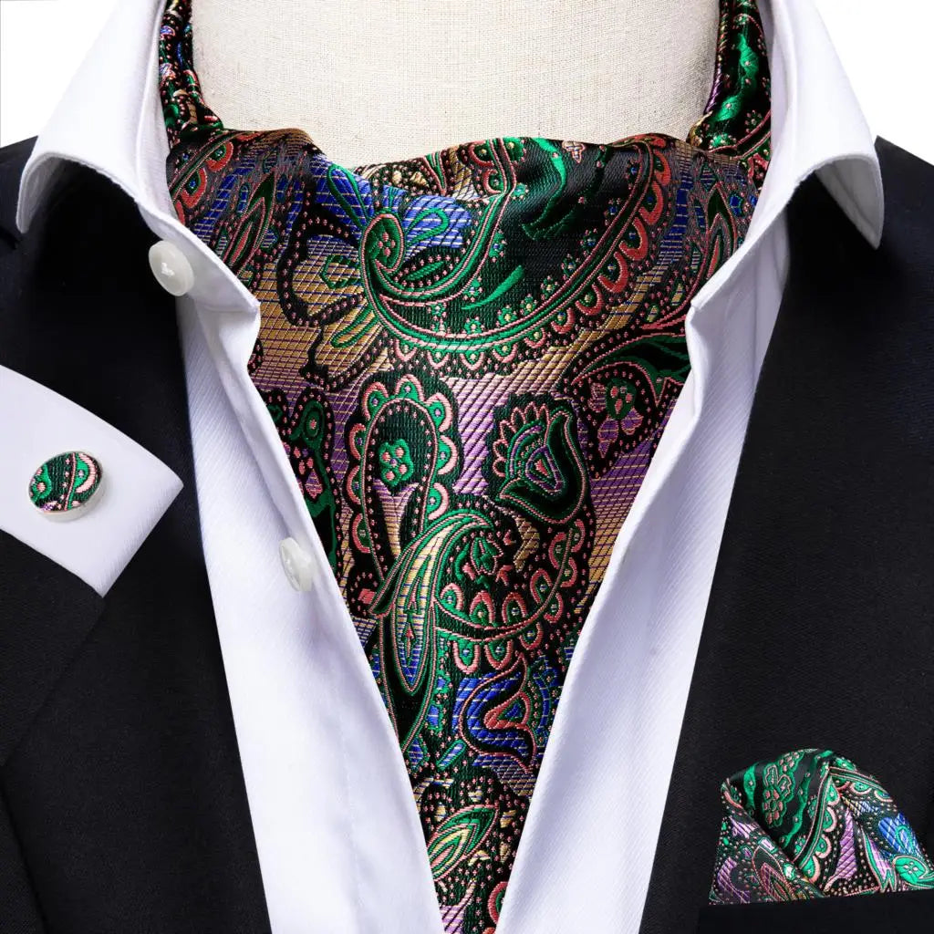 Hi-tie Silk Men's Ascot Pocket Square Cufflinks Jacquard Floral