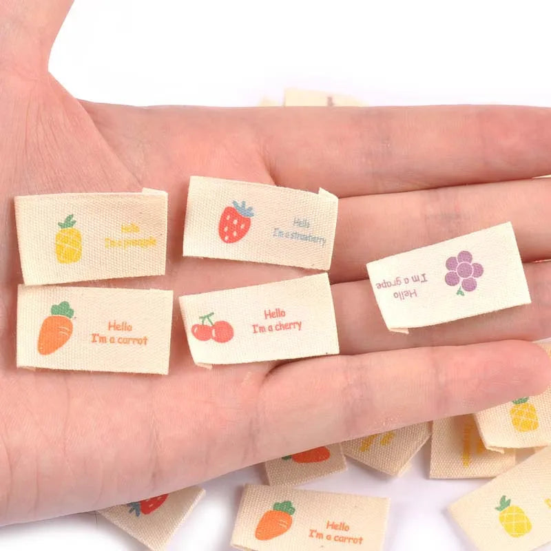 50Pcs Fruits Printed Cherry/Grape/Strawberry Labels Sewing Accessories Washable Care Bags Clothes Handmade Crafts Garment Tags Qme