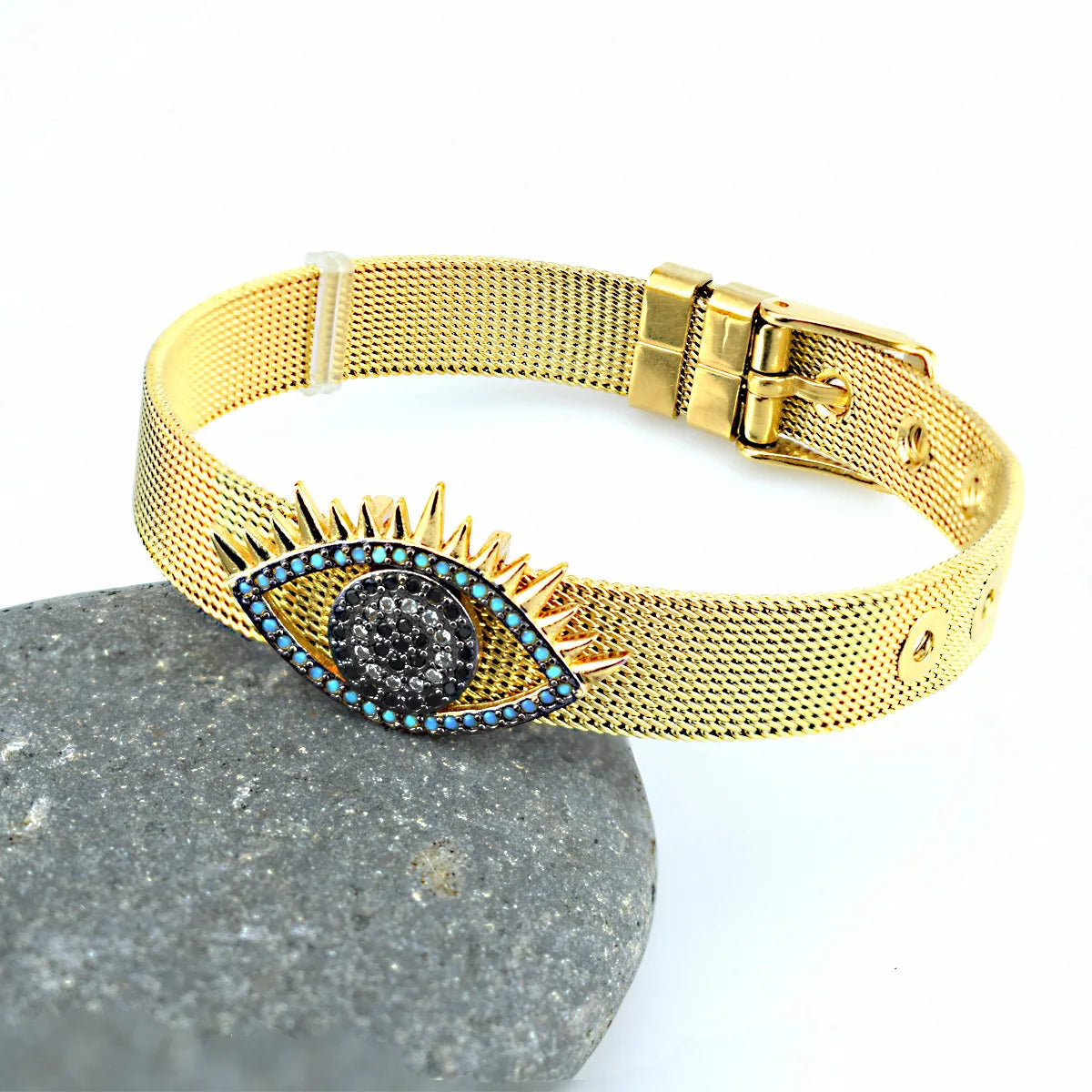 Simple fashion love palm evil eye stainless steel strap bracelet inlaid with colored diamonds zircon men and women jewelry gifts Qme 3 Gold