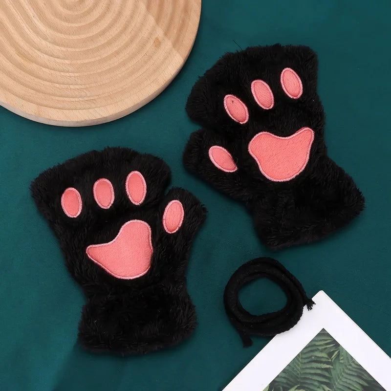 New Winter Gloves Women Bear Plush Cat Paw Claw Gloves Cute Kitten Fingerless Mittens Christmas Halloween for Girls Gift Gloves Qme black One Size