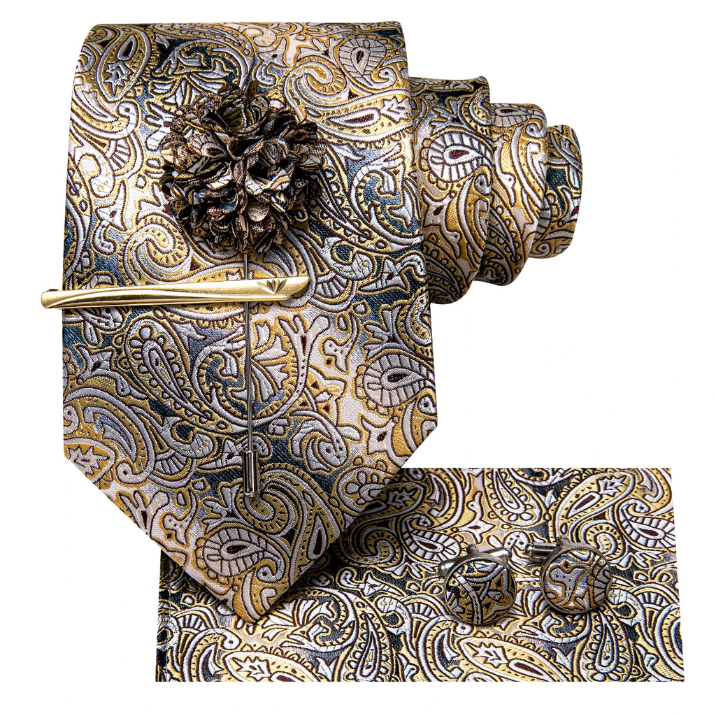 Yellow Brown Paisley Tie Men Men's Clip Luxury Necktie Hanky Qme