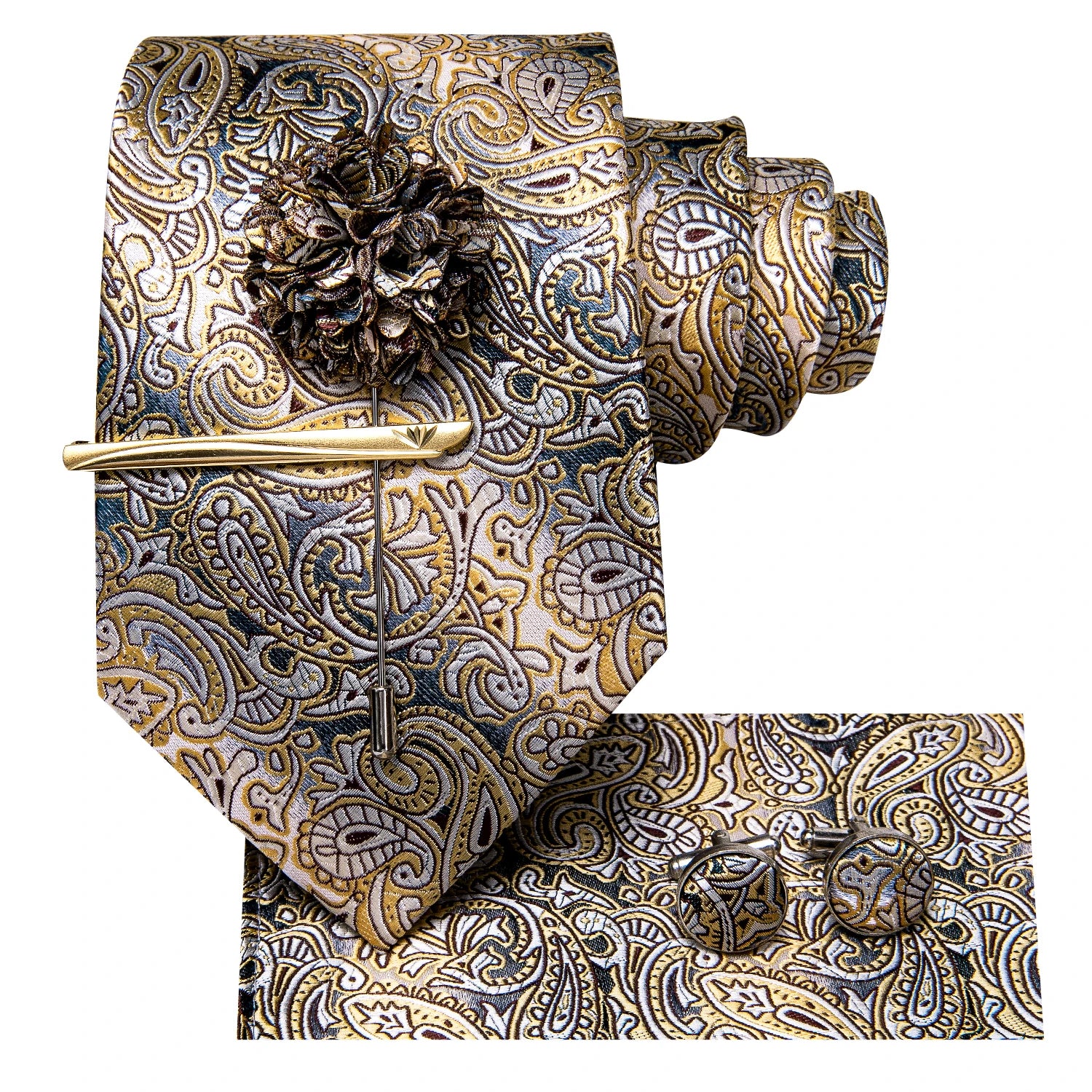 Yellow Brown Paisley Tie Men Men's Clip Luxury Necktie Hanky Qme
