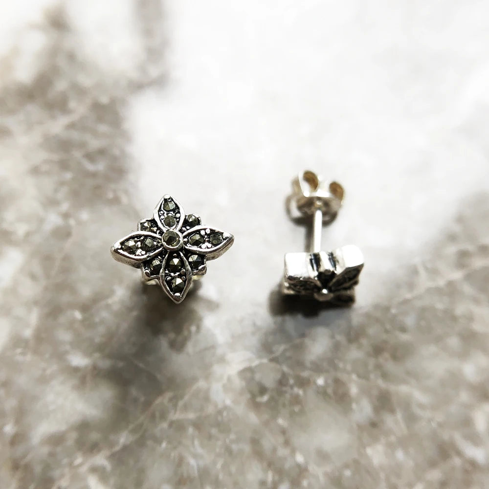 Stud Earrings Marcasite Black Star,Europe Style Glam Fashion Good Jewerly For Women Gift In 925 Sterling Silver Qme