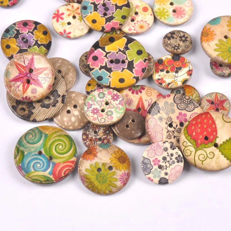 30Pcs Mixed pattern Printing coconut husk Buttons Sewing Accessories DIY Clothes Handmade Scrapbooking Home Decor 2Holes m2641 Qme