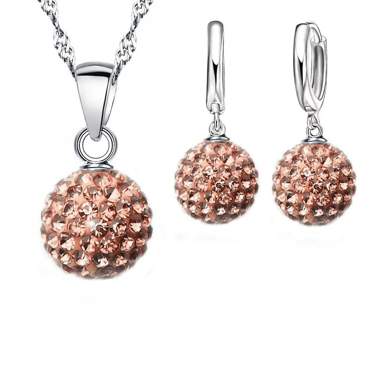 925 Sterling Silver Stamped Bridal Jewelry Sets Women Girls Wedding Gifts Austrian Crystal CZ Disco Ball Necklace Hoop Earrings Qme Peach 1