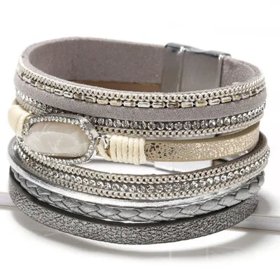 Ladies Natural Stone Leather Bracelet Fashion Bohemian Braided Rope Wide Multilayer Winding Bracelet Men's and Women's Jewelry Qme 1 20cm