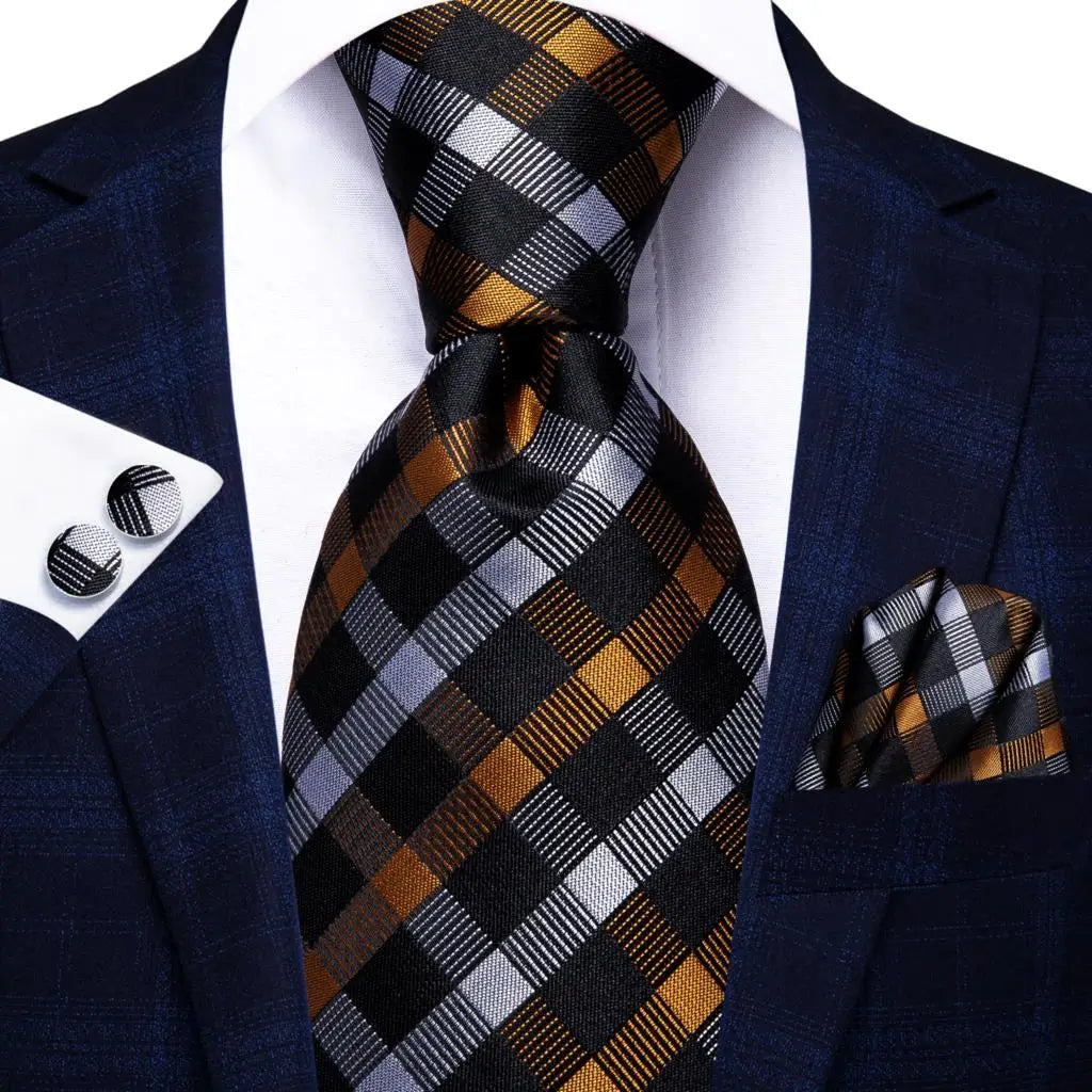 Hi-tie Designer Grey Plaid Novelty Silk Wedding Tie Men Handky Qme SN-3325