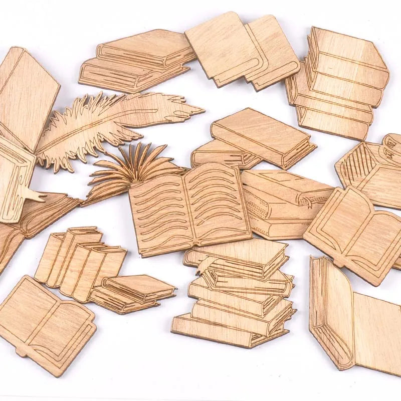 Mixed Book Pattern Wooden Crafts Scrapbooking 10Pcs Wood Ornaments For Decor Birthday Wedding DIY Arts Home Decoration m2553 Qme