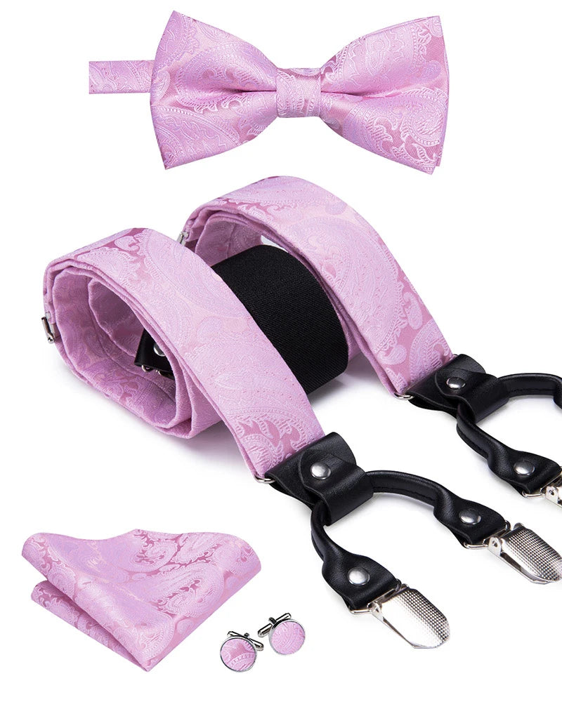 Hi-tie Silk Men's Suspender Metal 6 Clips Braces Bow Tie Hankerchief