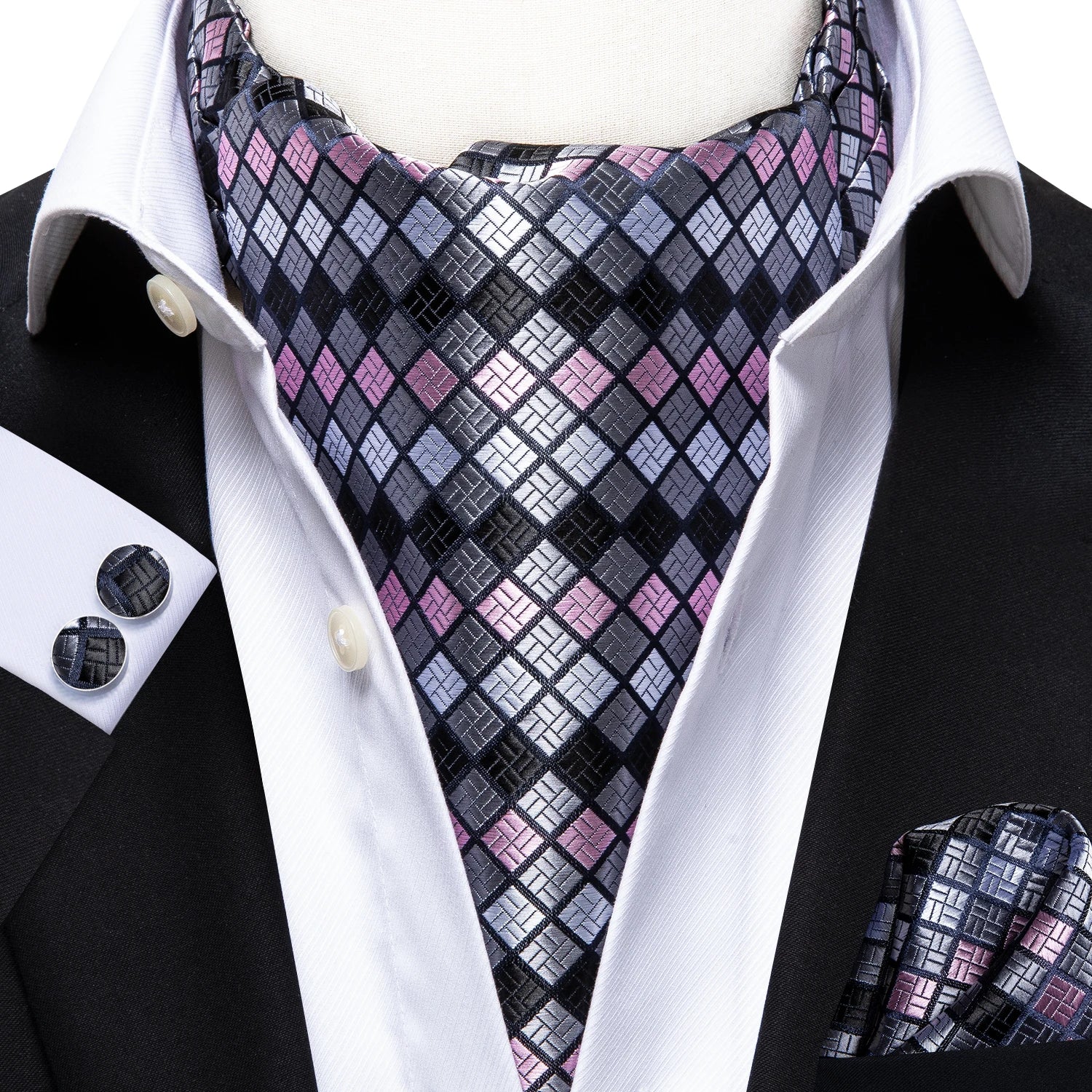 Hi-tie Silk Men's Ascot Pocket Square Cufflinks Jacquard Floral