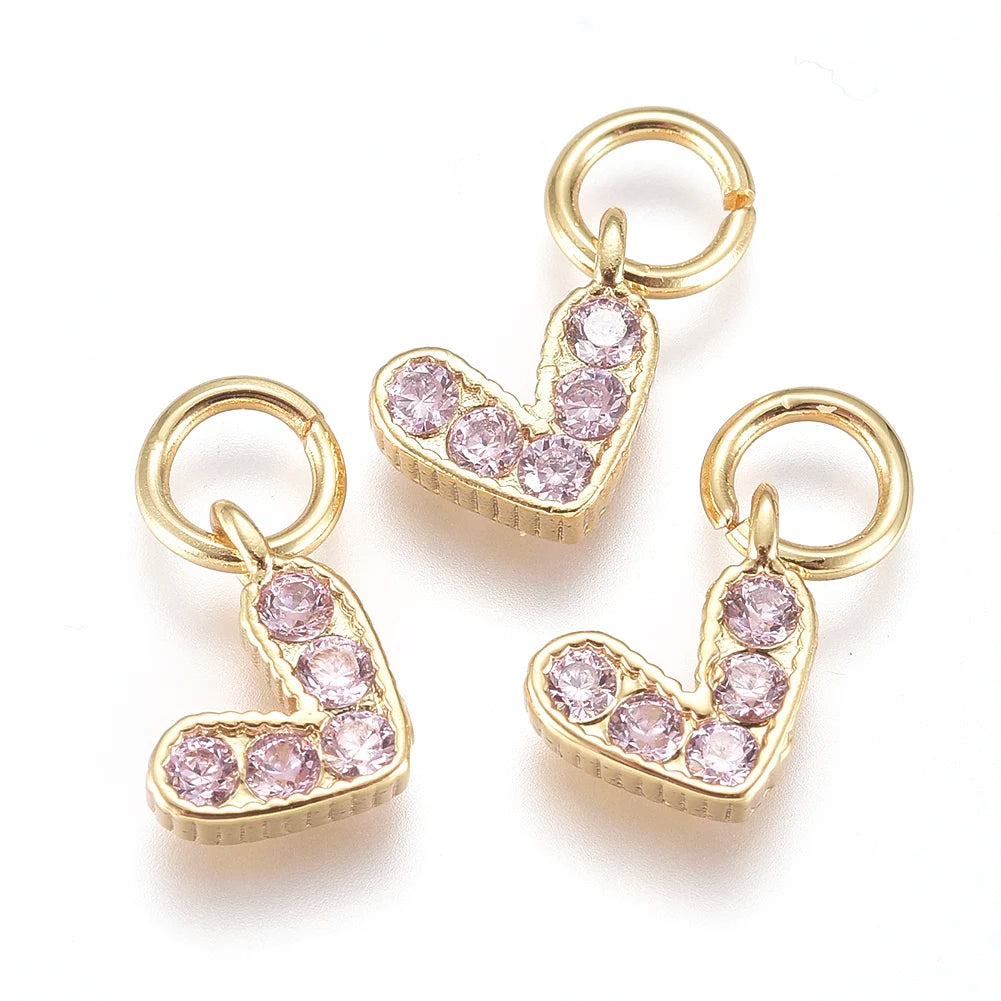 PandaHall 20Pcs Heart Brass Micro Pave Cubic Zirconia Charms with Jump Ring for Jewelry Making DIY Earrings Necklace Accessories Qme Pink
